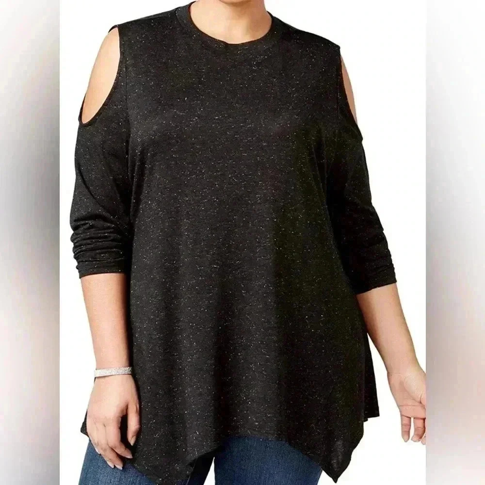 Style & Co. Women's Plus Sparkle Cold Shoulder Party Pullover Top Black Size 1X
